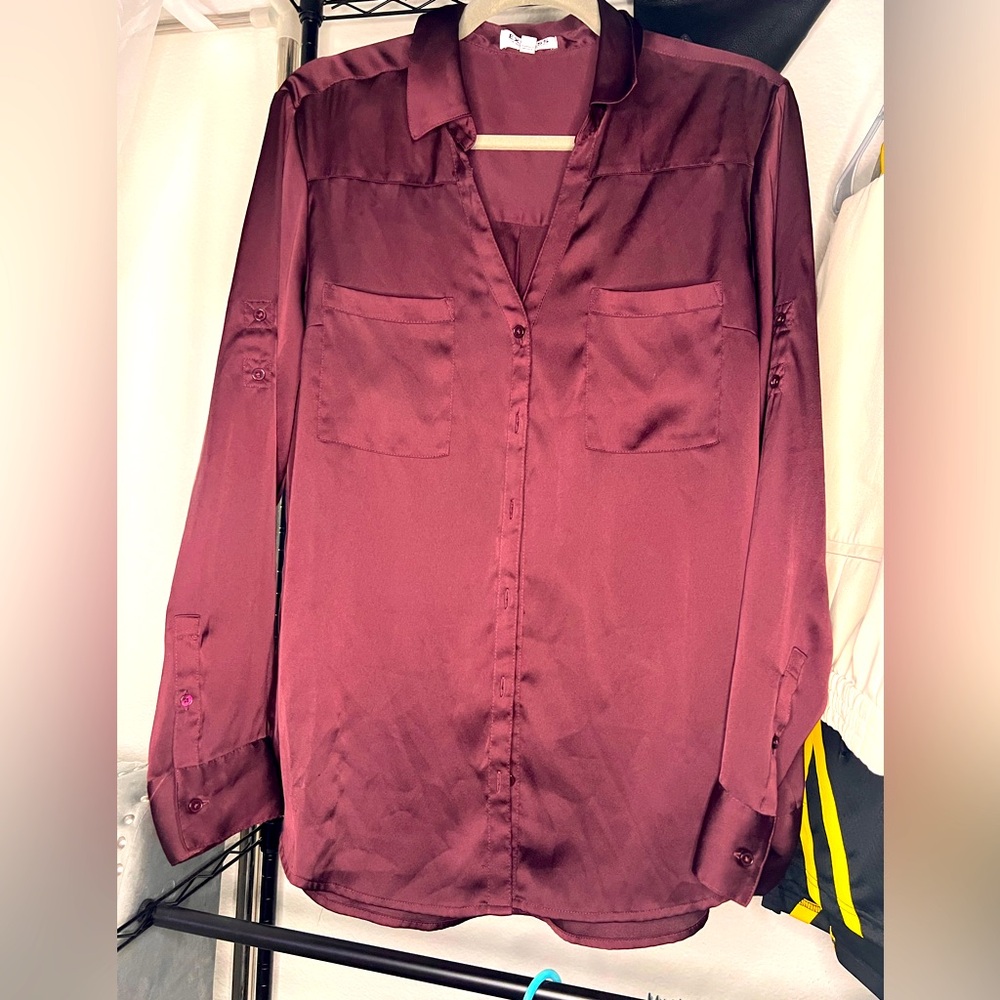 Women's Burgandy Satin Button Down